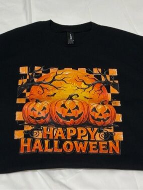 Gildan Black Crewneck with Orange Halloween Pumpkin Graphic